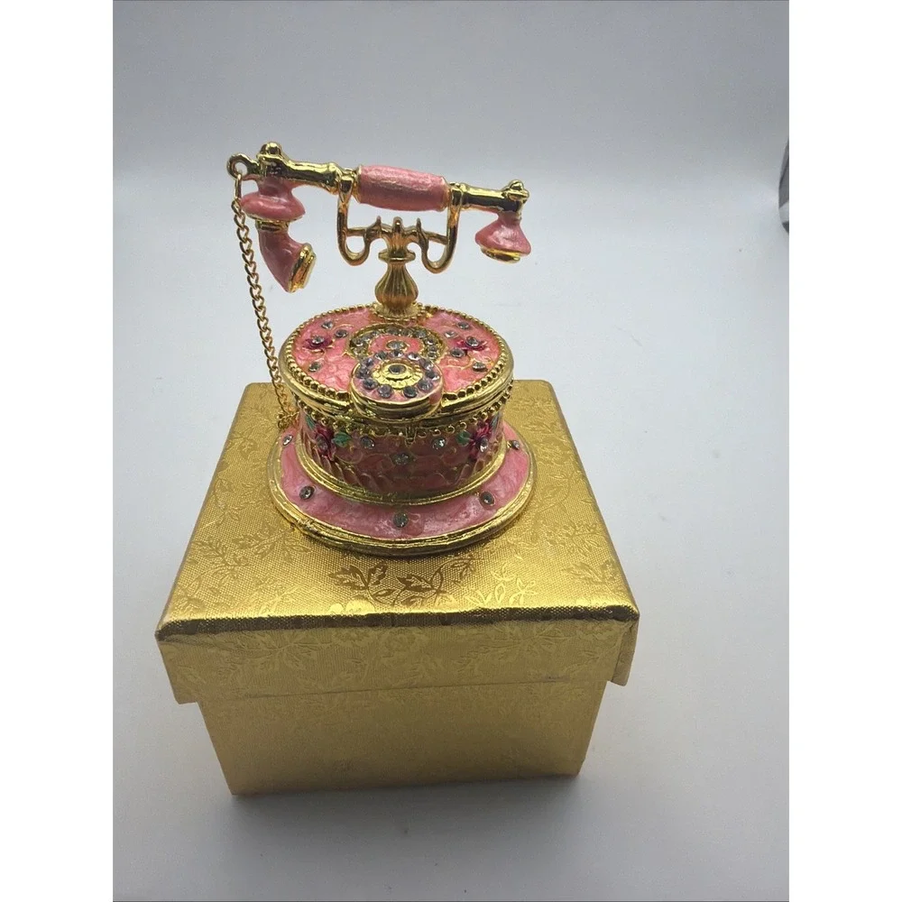 Hand Painted Pink Telephone Style Enameled Jewelry Trinket Box*
